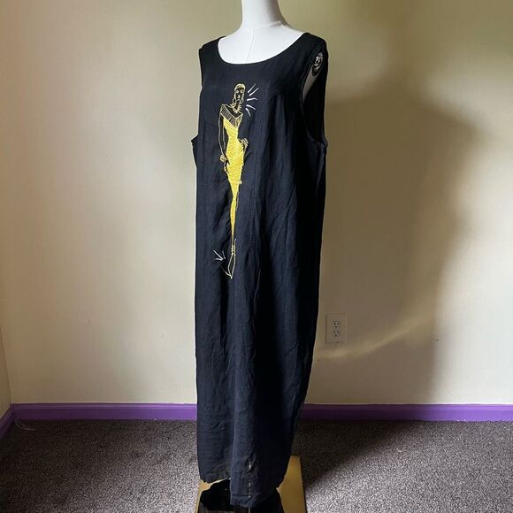 Vintage Mosato Linen Maxi Dress 3X Black Gold Embroidered Abstract Woman Art - Picture 8 of 9